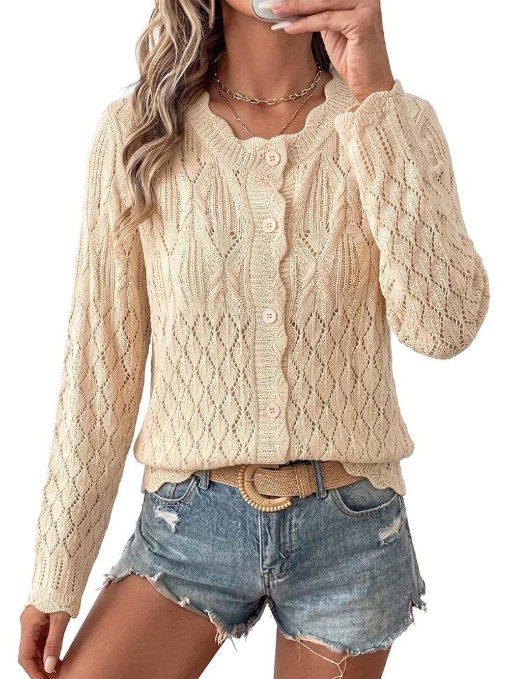 Elegant Hollow-Out Button Cardigan for Women